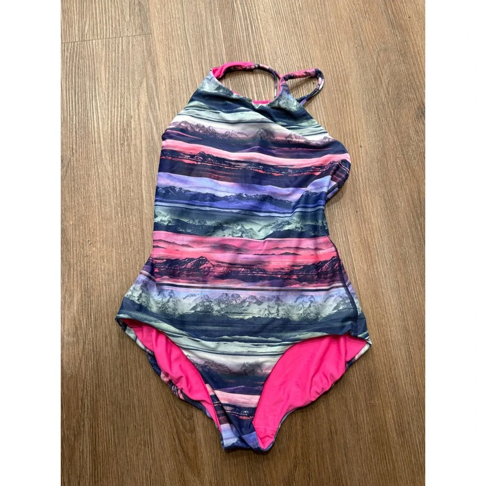 Ivivva Reversible One Piece Swimsuit Mountain Print Neon Pink Strappy Back‎